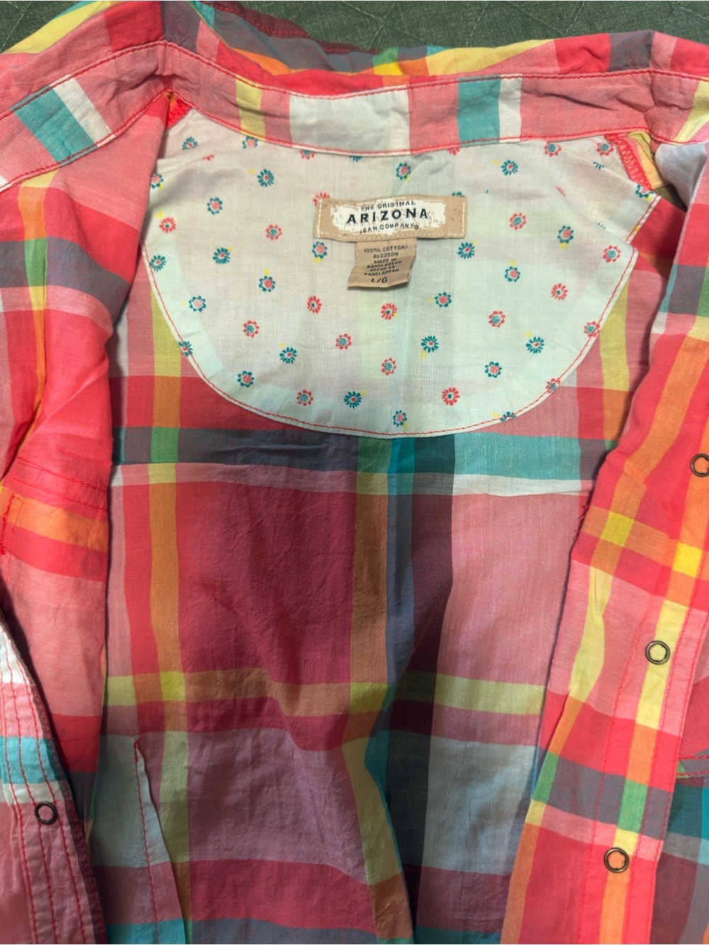 Arizona Jean Company Coral and Teal Plaid Button-Down Shirt